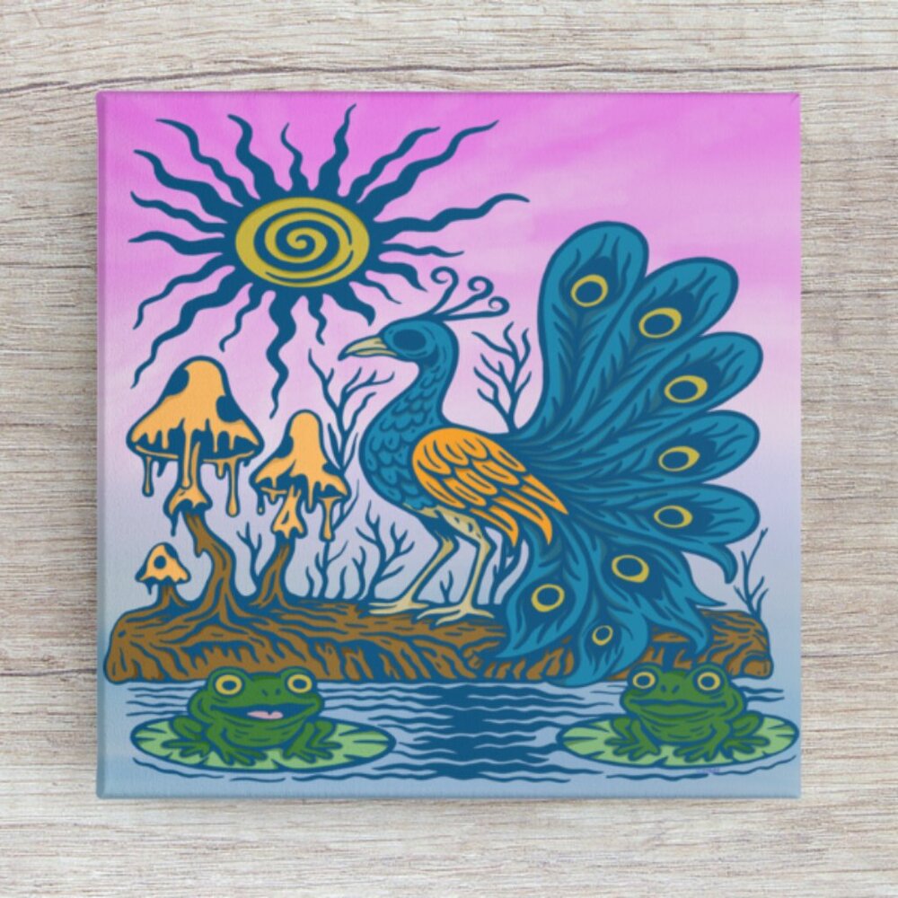 Handmade 'Beneath The Spiral Sun' 8x8 Canvas Wall Art With Frogs and Peacock